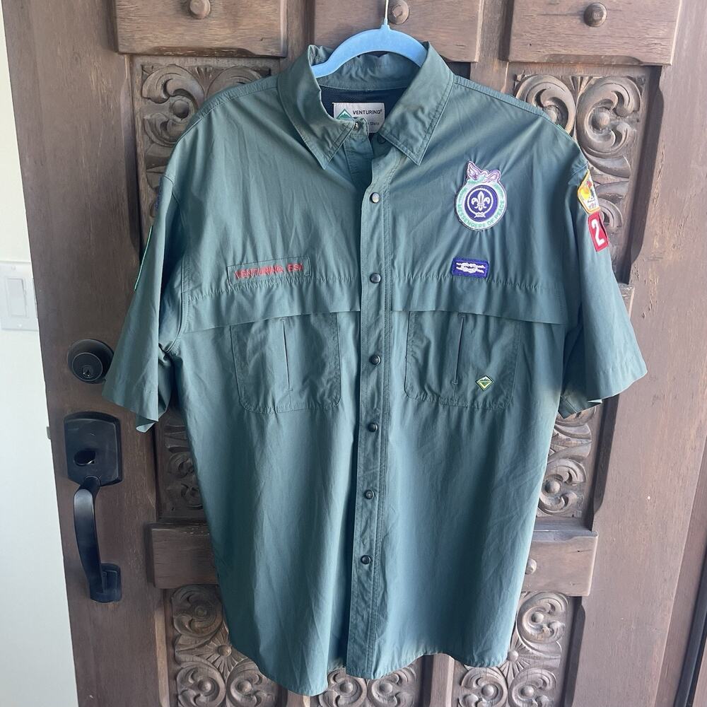 Venturing BSA Boy Scouts Adult Large Green SS Medium Uniform Shirt w/ Patches